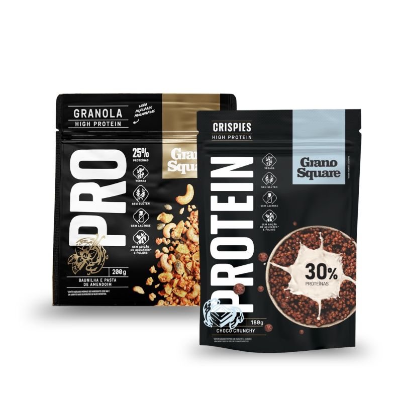 KIT Crispies GranoSquare PROTEIN Choco Crunchy 180g e Granola GranoSquare PRO Baunilha e Pasta de Amendoim 200g