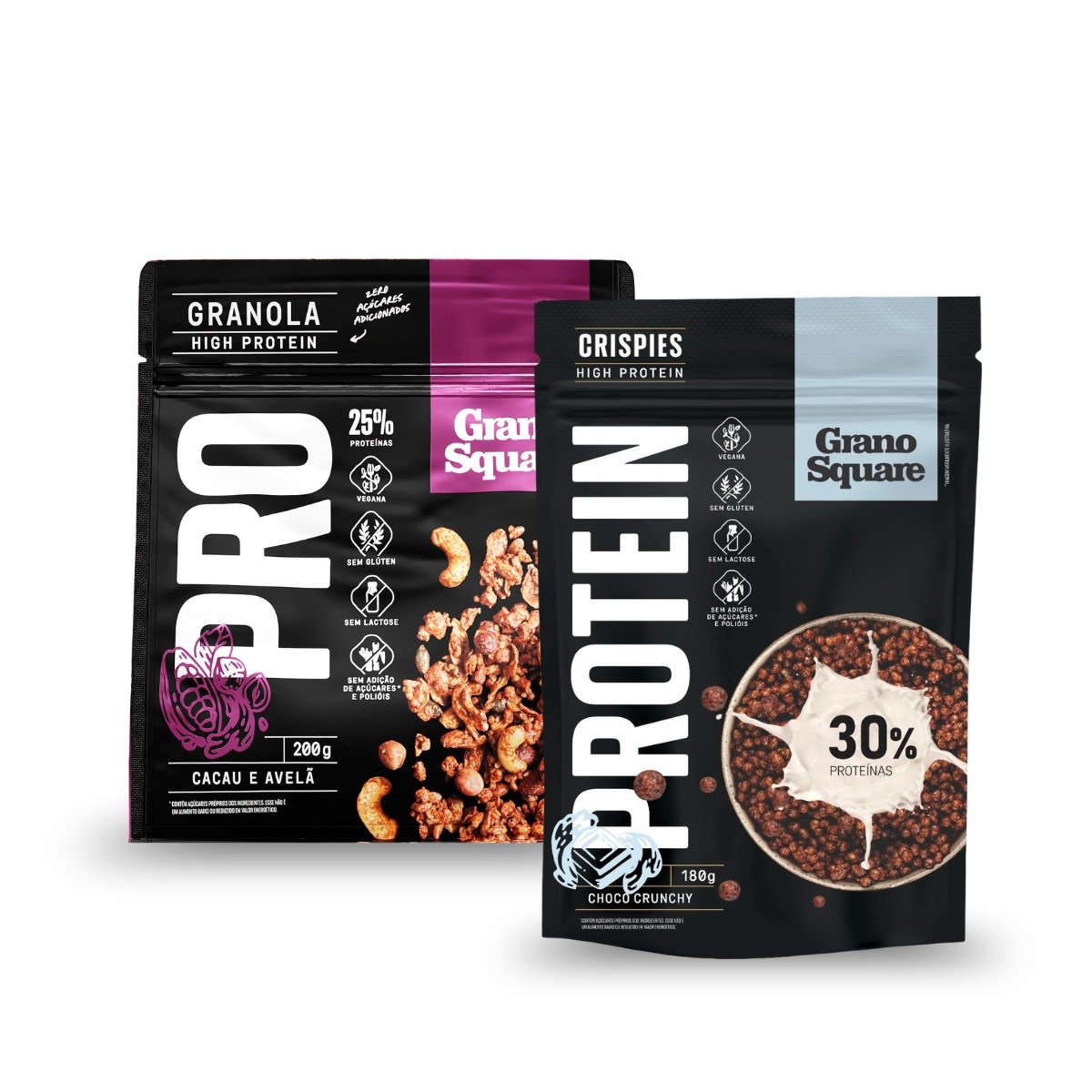KIT Crispies GranoSquare PROTEIN Choco Crunchy 180g e Granola GranoSquare PRO Cacau e Avelã 200g