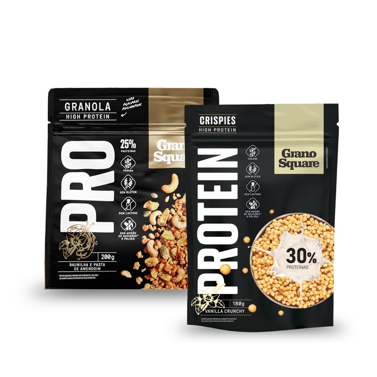 KIT Crispies GranoSquare PROTEIN Vanilla Crunchy 180g e Granola GranoSquare PRO Baunilha e Pasta de Amendoim 200g