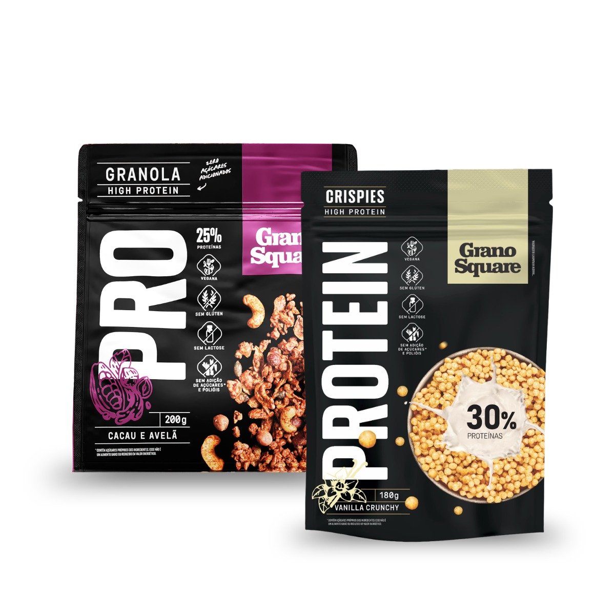 KIT Crispies GranoSquare PROTEIN Vanilla Crunchy 180g e Granola GranoSquare PRO Cacau e Avelã 200g